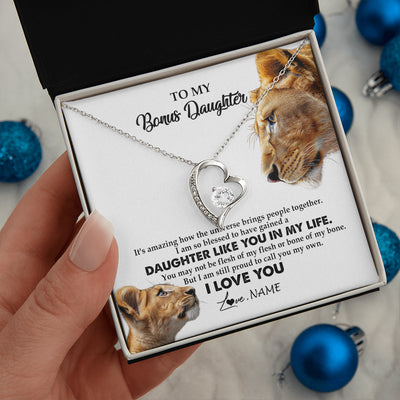Forever Love Necklace 14K White Gold Finish | 2 | Personalized To My Bonus Daughter Necklace from Stepmom Lion I Love You Stepchild Adopted Daughter Birthday Christmas Customized Gift Box Message Card | siriusteestore