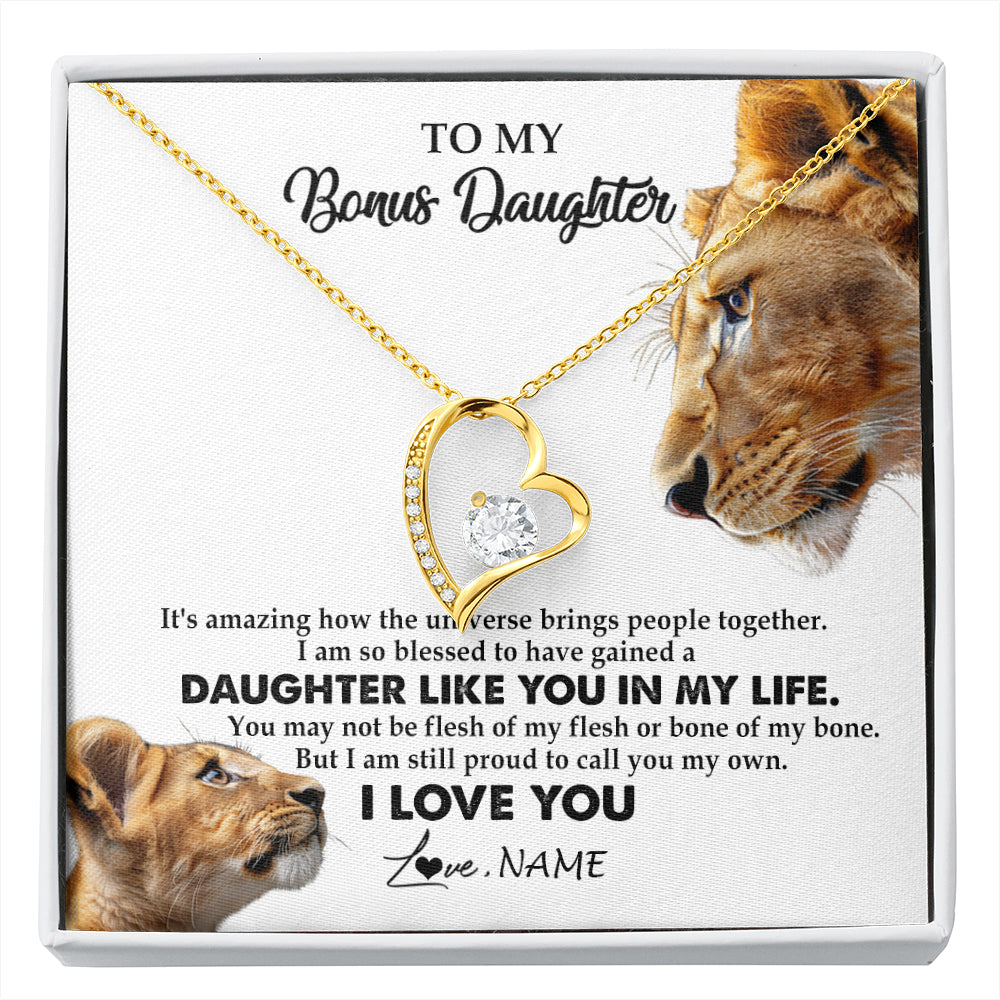Forever Love Necklace 18K Yellow Gold Finish | 1 | Personalized To My Bonus Daughter Necklace from Stepmom Lion I Love You Stepchild Adopted Daughter Birthday Christmas Customized Gift Box Message Card | siriusteestore