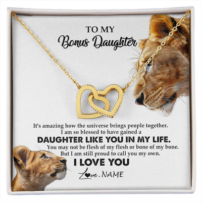 Interlocking Hearts Necklace 18K Yellow Gold Finish | 1 | Personalized To My Bonus Daughter Necklace from Stepmom Lion I Love You Stepchild Adopted Daughter Birthday Christmas Customized Gift Box Message Card | siriusteestore