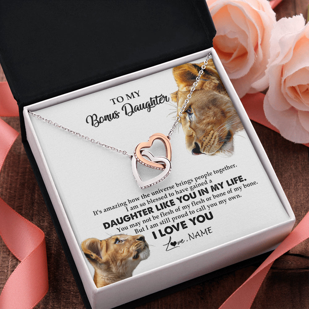 Interlocking Hearts Necklace Stainless Steel & Rose Gold Finish | 2 | Personalized To My Bonus Daughter Necklace from Stepmom Lion I Love You Stepchild Adopted Daughter Birthday Christmas Customized Gift Box Message Card | siriusteestore