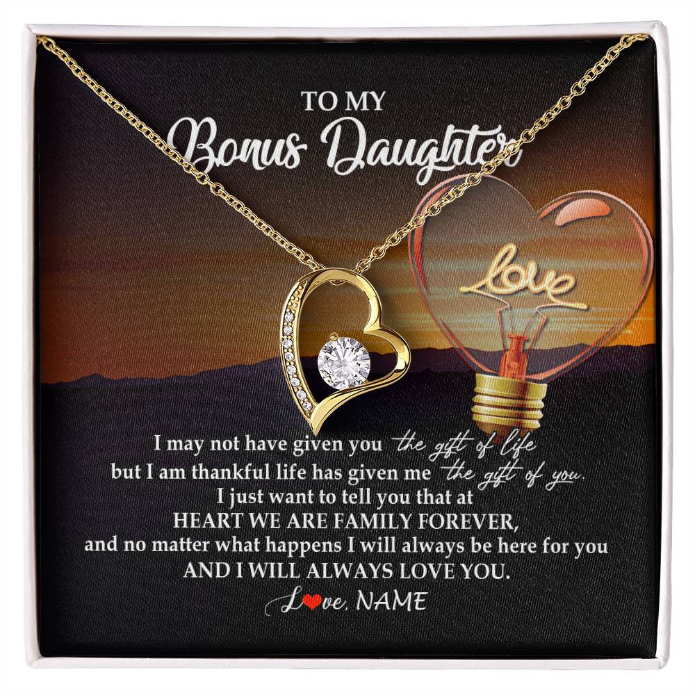 Forever Love Necklace 18K Yellow Gold Finish | Personalized To My Bonus Daughter Necklace from Stepmom Stepdad I Will Always Love You Stepdaughter Jewelry Birthday Wedding Christmas Customized Message Card | siriusteestore
