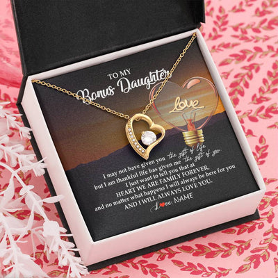 Forever Love Necklace 18K Yellow Gold Finish | Personalized To My Bonus Daughter Necklace from Stepmom Stepdad I Will Always Love You Stepdaughter Jewelry Birthday Wedding Christmas Customized Message Card | siriusteestore