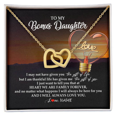 Interlocking Hearts Necklace 18K Yellow Gold Finish | Personalized To My Bonus Daughter Necklace from Stepmom Stepdad I Will Always Love You Stepdaughter Jewelry Birthday Wedding Christmas Customized Message Card | siriusteestore