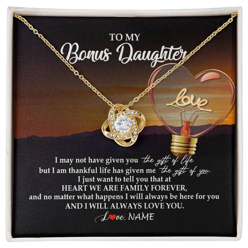 Love Knot Necklace 18K Yellow Gold Finish | Personalized To My Bonus Daughter Necklace from Stepmom Stepdad I Will Always Love You Stepdaughter Jewelry Birthday Wedding Christmas Customized Message Card | siriusteestore