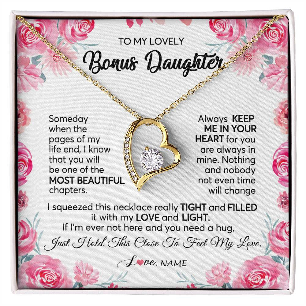 Forever Love Necklace 18K Yellow Gold Finish | 1 | Personalized To My Bonus Daughter Necklace from Stepmother Always Keep Me in Your Heart Stepdaughter Birthday Christmas Customized Gift Box Message Card | siriusteestore