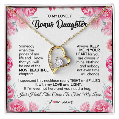 Forever Love Necklace 18K Yellow Gold Finish | 1 | Personalized To My Bonus Daughter Necklace from Stepmother Always Keep Me in Your Heart Stepdaughter Birthday Christmas Customized Gift Box Message Card | siriusteestore