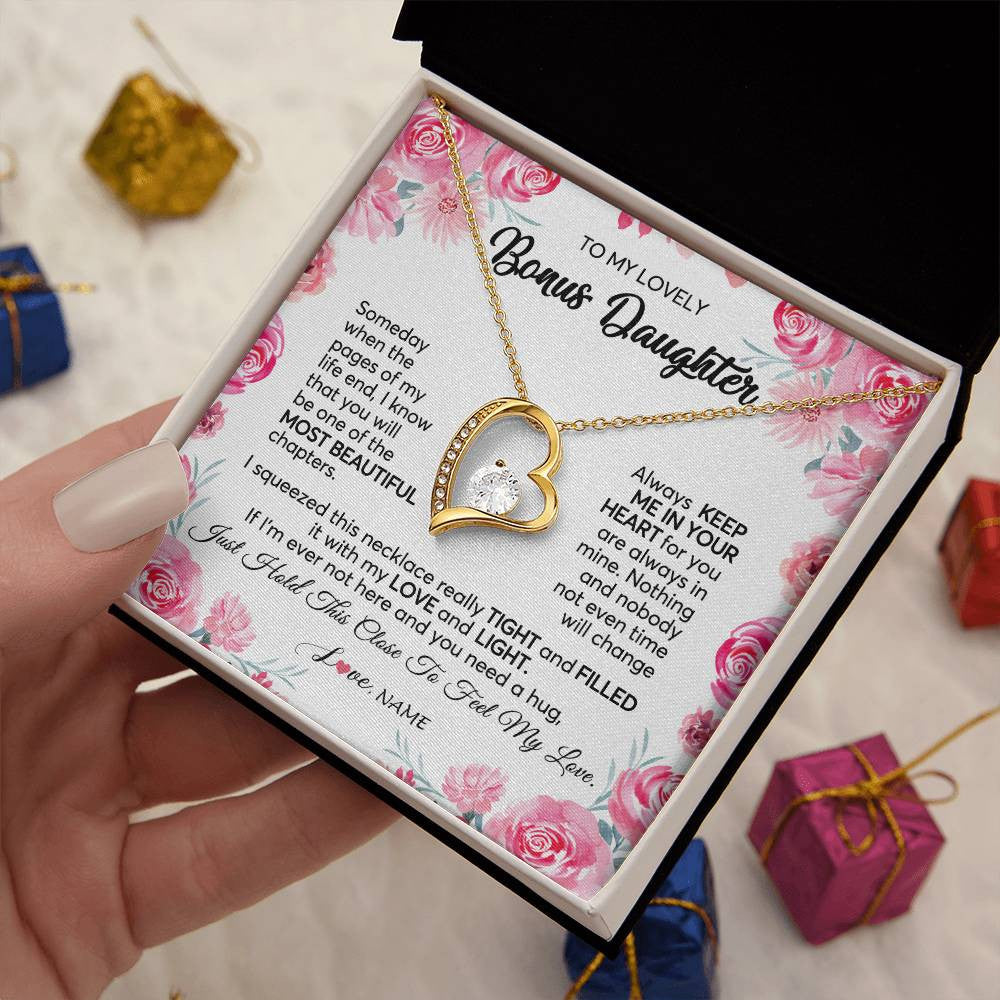 Forever Love Necklace 18K Yellow Gold Finish | 2 | Personalized To My Bonus Daughter Necklace from Stepmother Always Keep Me in Your Heart Stepdaughter Birthday Christmas Customized Gift Box Message Card | siriusteestore