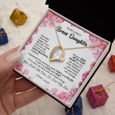 Forever Love Necklace 18K Yellow Gold Finish | 2 | Personalized To My Bonus Daughter Necklace from Stepmother Always Keep Me in Your Heart Stepdaughter Birthday Christmas Customized Gift Box Message Card | siriusteestore