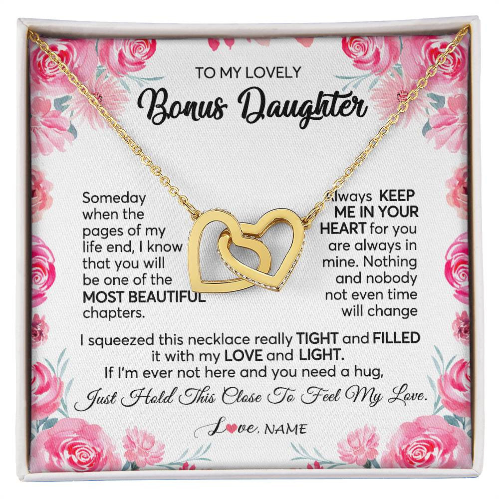 Interlocking Hearts Necklace 18K Yellow Gold Finish | 1 | Personalized To My Bonus Daughter Necklace from Stepmother Always Keep Me in Your Heart Stepdaughter Birthday Christmas Customized Gift Box Message Card | siriusteestore