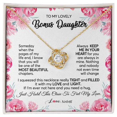 Love Knot Necklace 18K Yellow Gold Finish | 1 | Personalized To My Bonus Daughter Necklace from Stepmother Always Keep Me in Your Heart Stepdaughter Birthday Christmas Customized Gift Box Message Card | siriusteestore
