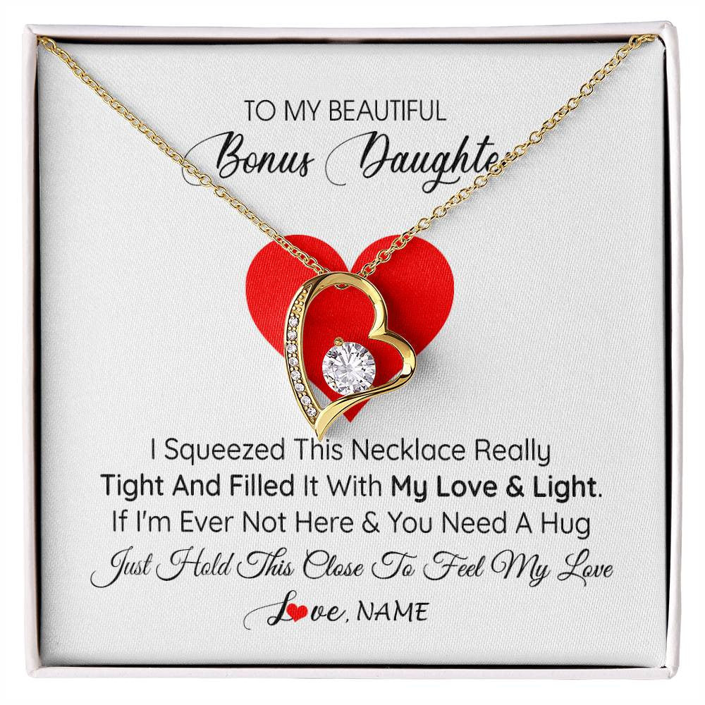 Forever Love Necklace 18K Yellow Gold Finish | 1 | Personalized To My Bonus Daughter Necklace from Stepmother I Squeezed This Necklace Stepdaughter Birthday Graduation Christmas Customized Gift Box Message Card | siriusteestore