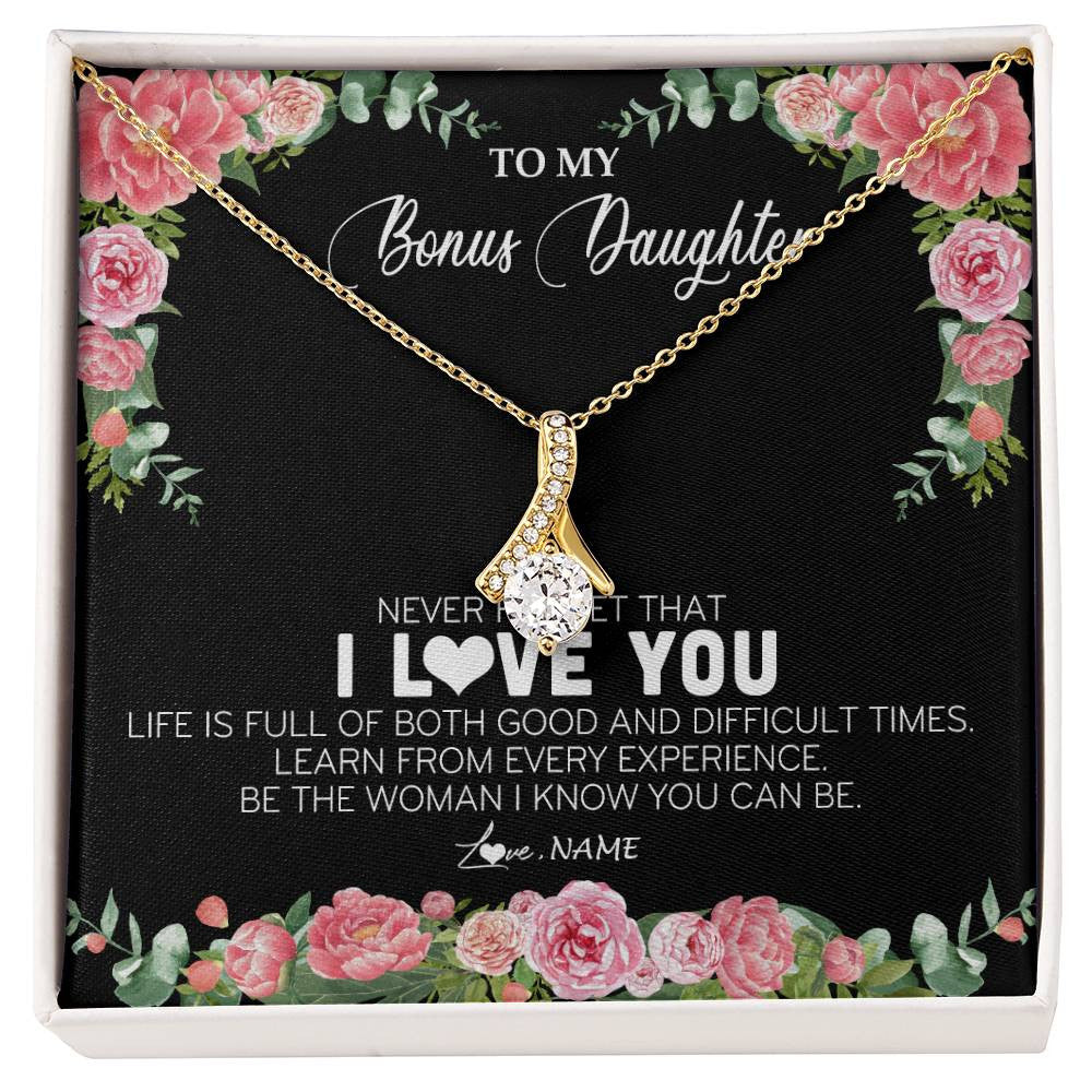 Alluring Beauty Necklace 18K Yellow Gold Finish | Personalized To My Bonus Daughter Necklace from Stepmother Never Forget I Love You Floral Jewelry for Stepdaughter Birthday Christmas Customized Message Card | siriusteestore
