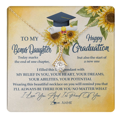 Alluring Beauty Necklace 18K Yellow Gold Finish | 1 | Personalized To My Bonus Daughter On Her Graduation Day Necklace Flower I Love You I'm Proud Of You Class of 2024 Daughter Jewelry Customized Gift Box Message Card | siriusteestore
