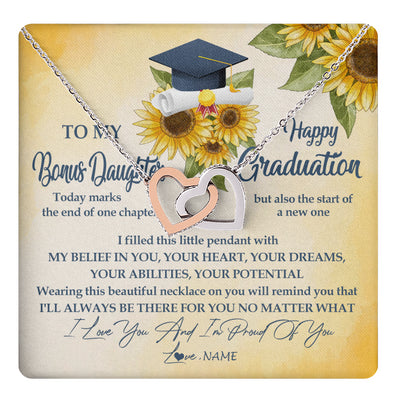 Interlocking Hearts Necklace Stainless Steel & Rose Gold Finish | 1 | Personalized To My Bonus Daughter On Her Graduation Day Necklace Flower I Love You I'm Proud Of You Class of 2024 Daughter Jewelry Customized Gift Box Message Card | siriusteestore