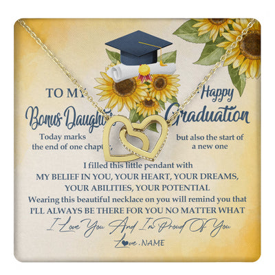 Interlocking Hearts Necklace 18K Yellow Gold Finish | 1 | Personalized To My Bonus Daughter On Her Graduation Day Necklace Flower I Love You I'm Proud Of You Class of 2024 Daughter Jewelry Customized Gift Box Message Card | siriusteestore
