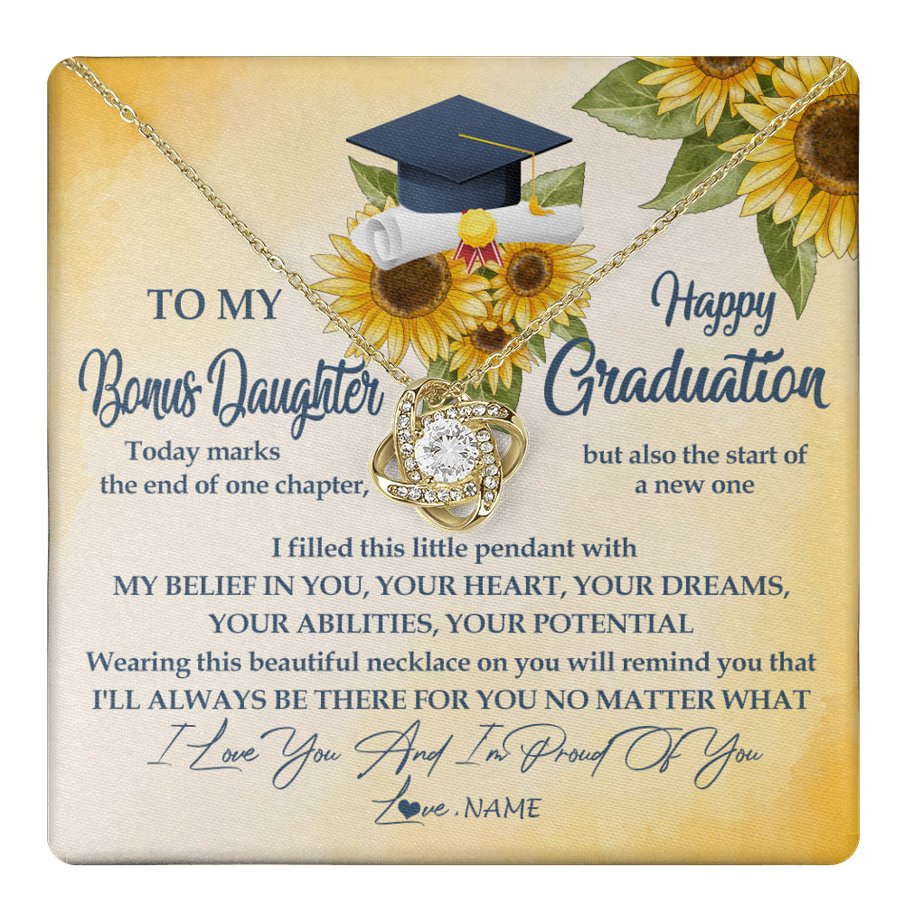Love Knot Necklace 18K Yellow Gold Finish | 1 | Personalized To My Bonus Daughter On Her Graduation Day Necklace Flower I Love You I'm Proud Of You Class of 2024 Daughter Jewelry Customized Gift Box Message Card | siriusteestore