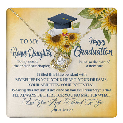 Love Knot Necklace 18K Yellow Gold Finish | 1 | Personalized To My Bonus Daughter On Her Graduation Day Necklace Flower I Love You I'm Proud Of You Class of 2024 Daughter Jewelry Customized Gift Box Message Card | siriusteestore