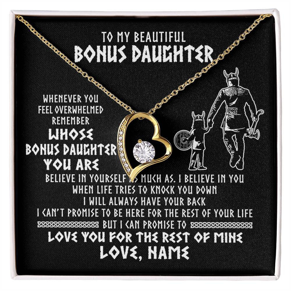 Forever Love Necklace 18K Yellow Gold Finish | 1 | Personalized To My Bonus Daughter Viking Necklace From Step Dad Whenever You Feel Overwhelmed Stepdaughter Birthday Christmas Customized Gift Box Message Card | siriusteestore