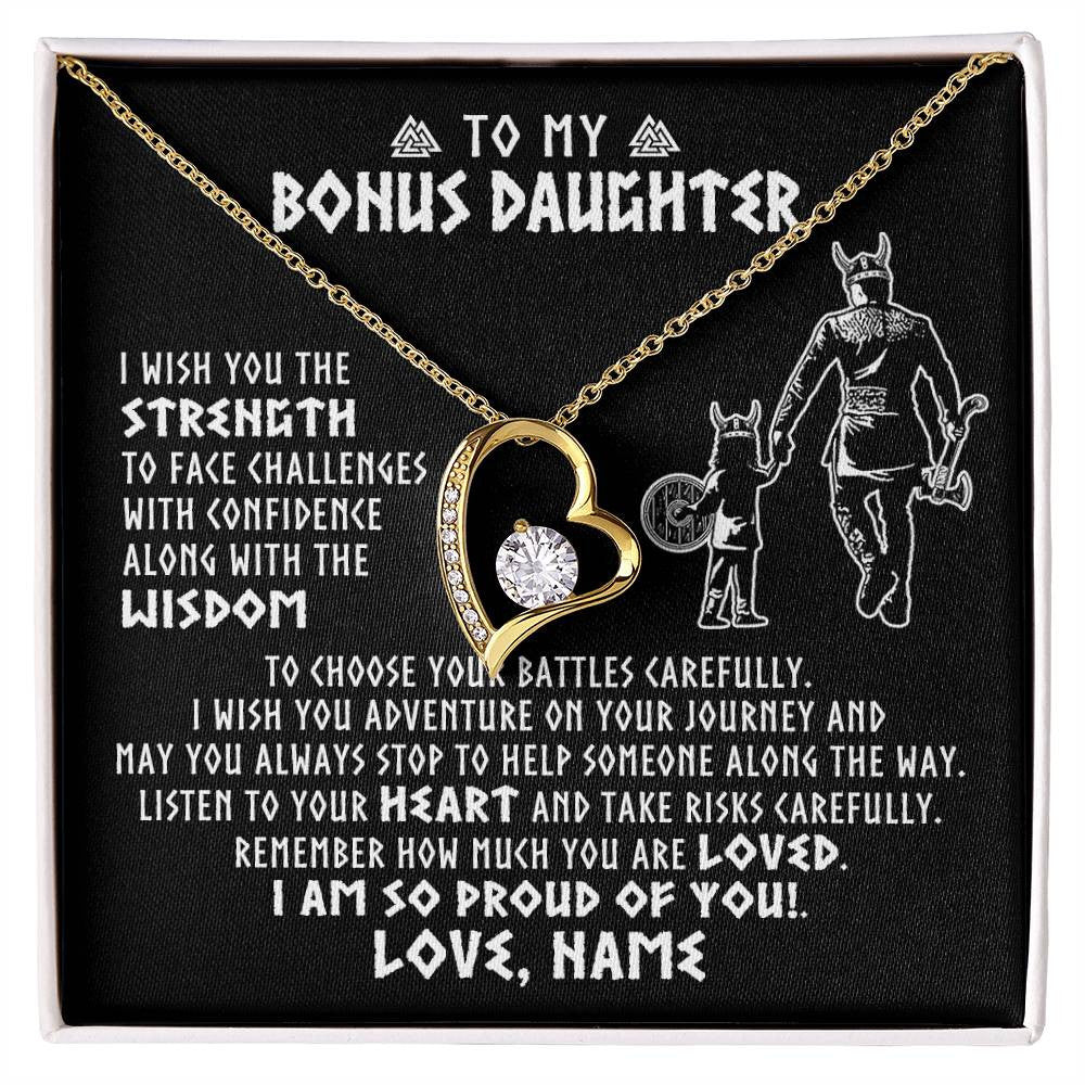 Forever Love Necklace 18K Yellow Gold Finish | 1 | Personalized To My Bonus Daughter Viking Necklace From Stepdad I Am So Proud Of You Runes Viking Stepdaughter Christmas Customized Gift Box Message Card | siriusteestore