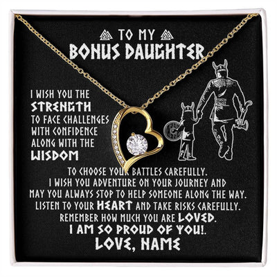 Forever Love Necklace 18K Yellow Gold Finish | 1 | Personalized To My Bonus Daughter Viking Necklace From Stepdad I Am So Proud Of You Runes Viking Stepdaughter Christmas Customized Gift Box Message Card | siriusteestore