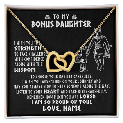 Interlocking Hearts Necklace 18K Yellow Gold Finish | 1 | Personalized To My Bonus Daughter Viking Necklace From Stepdad I Am So Proud Of You Runes Viking Stepdaughter Christmas Customized Gift Box Message Card | siriusteestore