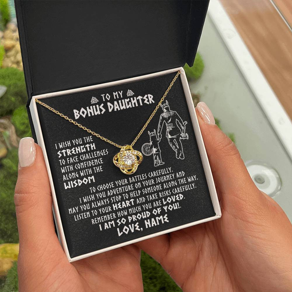 Love Knot Necklace 18K Yellow Gold Finish | 2 | Personalized To My Bonus Daughter Viking Necklace From Stepdad I Am So Proud Of You Runes Viking Stepdaughter Christmas Customized Gift Box Message Card | siriusteestore