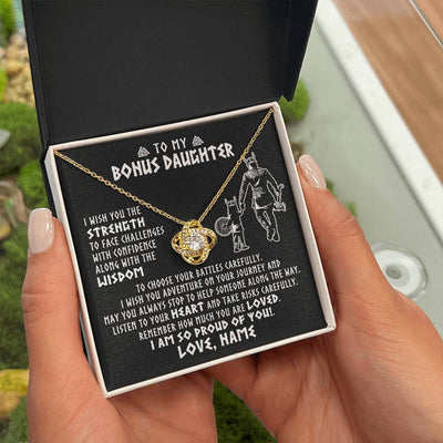 Love Knot Necklace 18K Yellow Gold Finish | 2 | Personalized To My Bonus Daughter Viking Necklace From Stepdad I Am So Proud Of You Runes Viking Stepdaughter Christmas Customized Gift Box Message Card | siriusteestore
