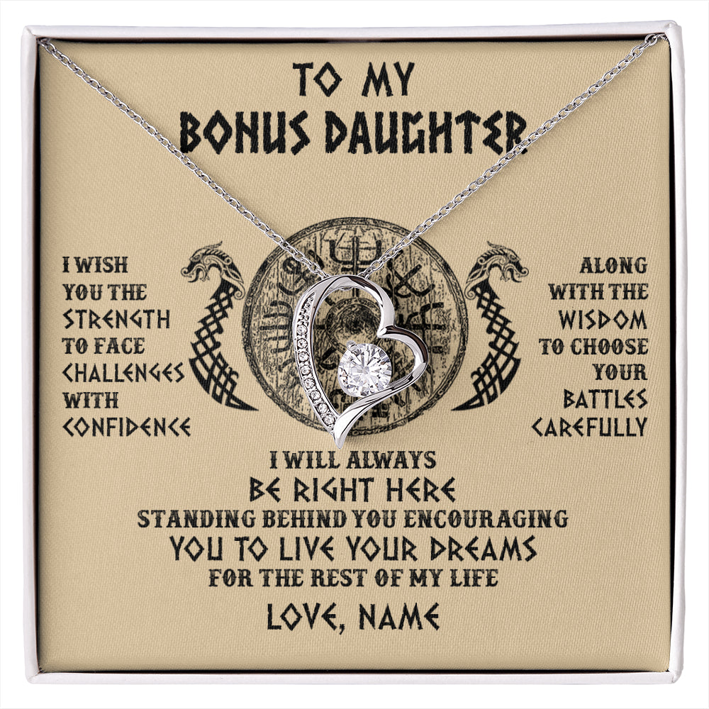 Forever Love Necklace 14K White Gold Finish | 1 | Personalized To My Bonus Daughter Viking Necklace I Wish You The Strength Scandinavian Norse Runes Viking For Women Birthday Customized Gift Box Message Card | siriusteestore