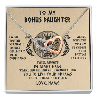 Interlocking Hearts Necklace Stainless Steel & Rose Gold Finish | 1 | Personalized To My Bonus Daughter Viking Necklace I Wish You The Strength Scandinavian Norse Runes Viking For Women Birthday Customized Gift Box Message Card | siriusteestore