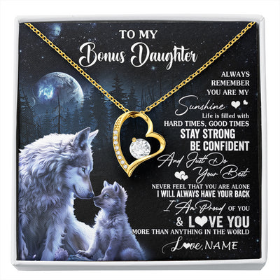 Forever Love Necklace 18K Yellow Gold Finish | 1 | Personalized To My Bonus Daughter Wolf Necklace From Stepmom Stepdad Always Remember Stepdaughter Birthday Christmas Customized Gift Box Message Card | siriusteestore