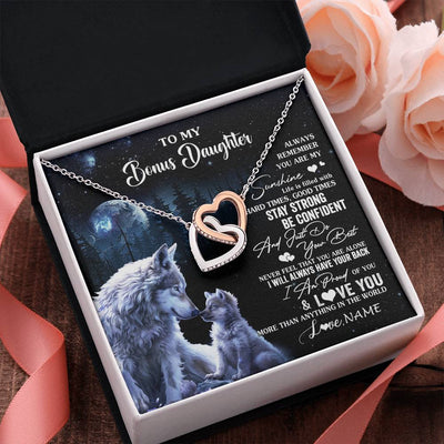 Interlocking Hearts Necklace Stainless Steel & Rose Gold Finish | 2 | Personalized To My Bonus Daughter Wolf Necklace From Stepmom Stepdad Always Remember Stepdaughter Birthday Christmas Customized Gift Box Message Card | siriusteestore