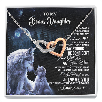 Interlocking Hearts Necklace Stainless Steel & Rose Gold Finish | 1 | Personalized To My Bonus Daughter Wolf Necklace From Stepmom Stepdad Always Remember Stepdaughter Birthday Christmas Customized Gift Box Message Card | siriusteestore