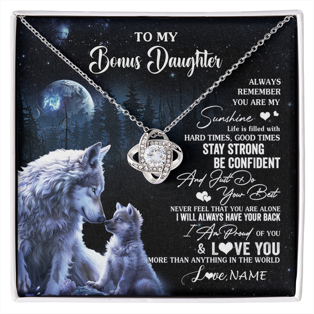 Love Knot Necklace 14K White Gold Finish | 1 | Personalized To My Bonus Daughter Wolf Necklace From Stepmom Stepdad Always Remember Stepdaughter Birthday Christmas Customized Gift Box Message Card | siriusteestore