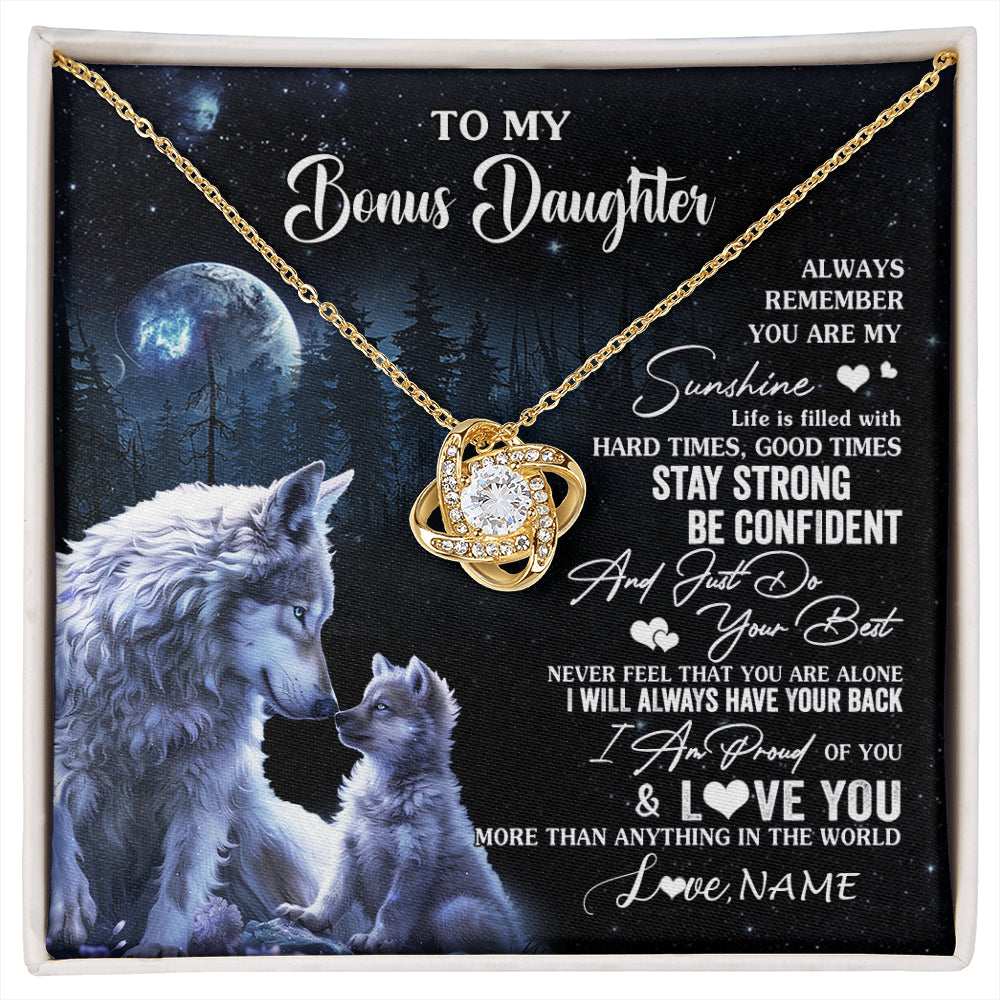 Love Knot Necklace 18K Yellow Gold Finish | 1 | Personalized To My Bonus Daughter Wolf Necklace From Stepmom Stepdad Always Remember Stepdaughter Birthday Christmas Customized Gift Box Message Card | siriusteestore
