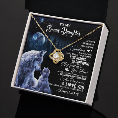 Love Knot Necklace 18K Yellow Gold Finish | 2 | Personalized To My Bonus Daughter Wolf Necklace From Stepmom Stepdad Always Remember Stepdaughter Birthday Christmas Customized Gift Box Message Card | siriusteestore