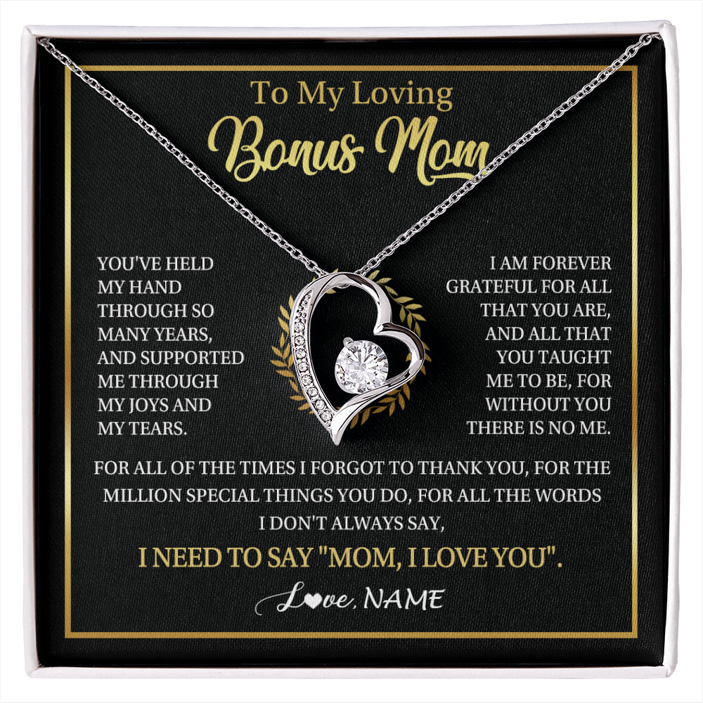 Forever Love Necklace 14K White Gold Finish | 1 | Personalized To My Bonus Mom Gifts Necklace From Stepdaughter Stepson Grateful Thank You Stepmom Birthday Gifts Mothers Day Christmas Gift Box Message Card | siriusteestore