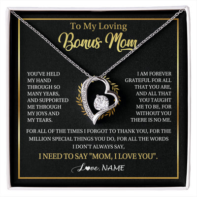 Forever Love Necklace 14K White Gold Finish | 1 | Personalized To My Bonus Mom Gifts Necklace From Stepdaughter Stepson Grateful Thank You Stepmom Birthday Gifts Mothers Day Christmas Gift Box Message Card | siriusteestore