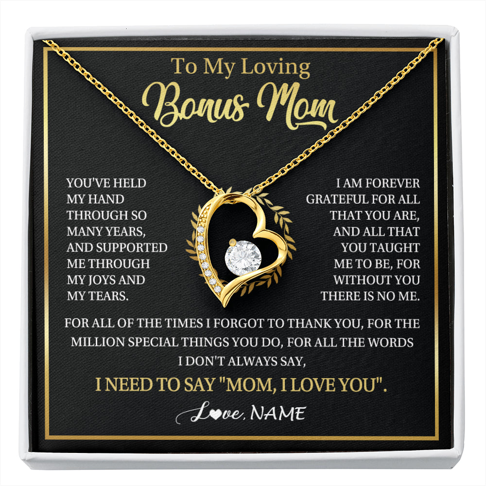 Forever Love Necklace 18K Yellow Gold Finish | 1 | Personalized To My Bonus Mom Gifts Necklace From Stepdaughter Stepson Grateful Thank You Stepmom Birthday Gifts Mothers Day Christmas Gift Box Message Card | siriusteestore