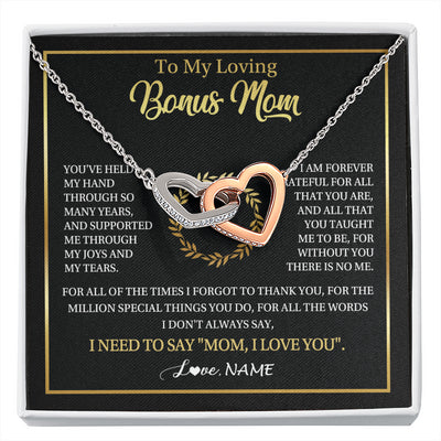 Interlocking Hearts Necklace Stainless Steel & Rose Gold Finish | 1 | Personalized To My Bonus Mom Gifts Necklace From Stepdaughter Stepson Grateful Thank You Stepmom Birthday Gifts Mothers Day Christmas Gift Box Message Card | siriusteestore