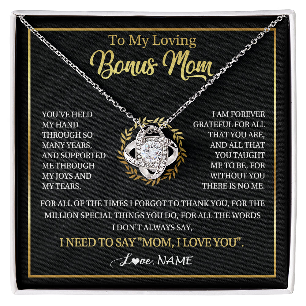Love Knot Necklace 14K White Gold Finish | 1 | Personalized To My Bonus Mom Gifts Necklace From Stepdaughter Stepson Grateful Thank You Stepmom Birthday Gifts Mothers Day Christmas Gift Box Message Card | siriusteestore