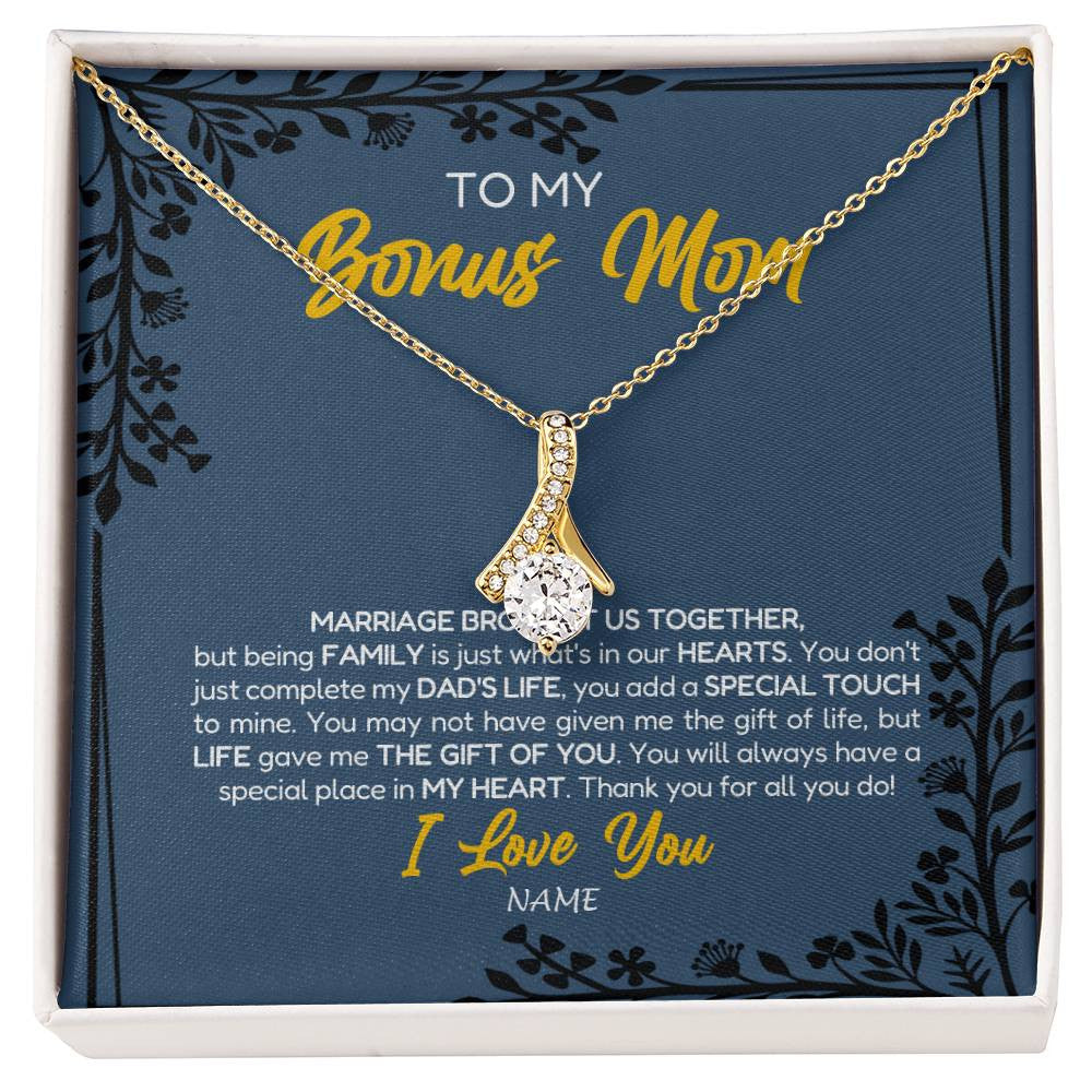 Alluring Beauty Necklace 18K Yellow Gold Finish | Personalized To My Bonus Mom Necklace From Daughter Stepmom Jewelry Birthday Mothers Day Christmas Customized Box Message Card | siriusteestore
