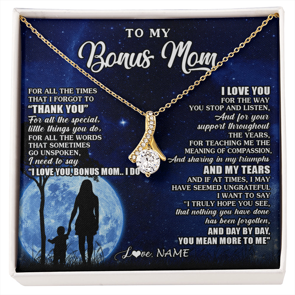 Alluring Beauty Necklace 18K Yellow Gold Finish | 1 | Personalized To My Bonus Mom Necklace From Step Daughter Son Thank You Grateful Love Stepmom Birthday Mothers Day Christmas Customized Gift Box Message Card | siriusteestore