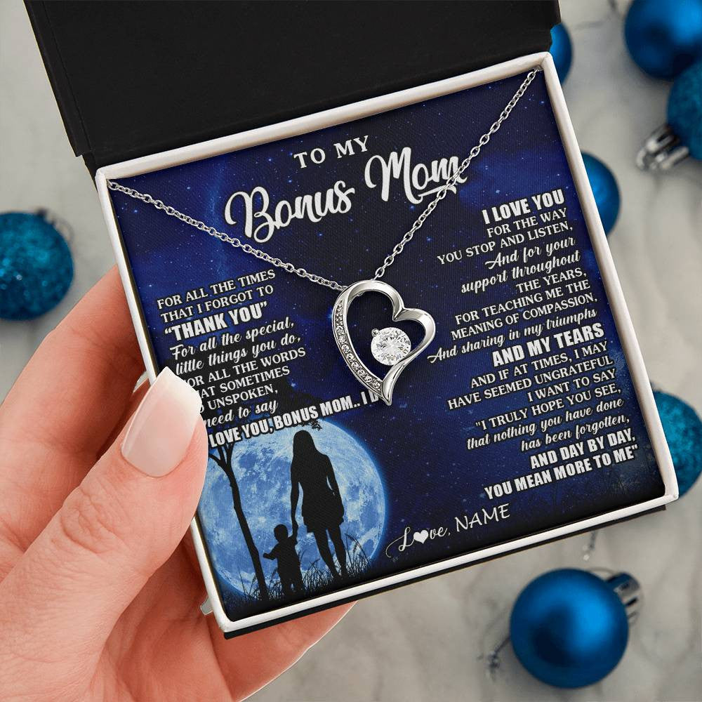 Forever Love Necklace 14K White Gold Finish | 2 | Personalized To My Bonus Mom Necklace From Step Daughter Son Thank You Grateful Love Stepmom Birthday Mothers Day Christmas Customized Gift Box Message Card | siriusteestore