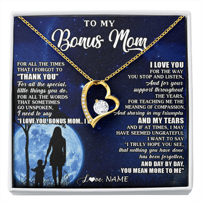 Forever Love Necklace 18K Yellow Gold Finish | 1 | Personalized To My Bonus Mom Necklace From Step Daughter Son Thank You Grateful Love Stepmom Birthday Mothers Day Christmas Customized Gift Box Message Card | siriusteestore