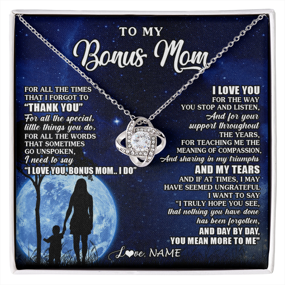 Love Knot Necklace 14K White Gold Finish | 1 | Personalized To My Bonus Mom Necklace From Step Daughter Son Thank You Grateful Love Stepmom Birthday Mothers Day Christmas Customized Gift Box Message Card | siriusteestore