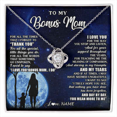 Love Knot Necklace 14K White Gold Finish | 1 | Personalized To My Bonus Mom Necklace From Step Daughter Son Thank You Grateful Love Stepmom Birthday Mothers Day Christmas Customized Gift Box Message Card | siriusteestore