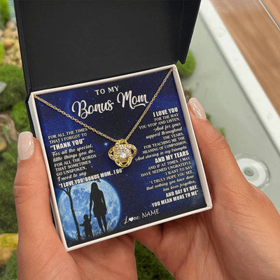 Love Knot Necklace 18K Yellow Gold Finish | 2 | Personalized To My Bonus Mom Necklace From Step Daughter Son Thank You Grateful Love Stepmom Birthday Mothers Day Christmas Customized Gift Box Message Card | siriusteestore