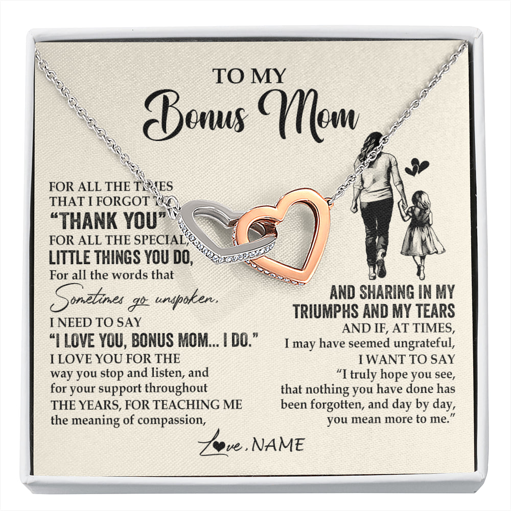 Interlocking Hearts Necklace Stainless Steel & Rose Gold Finish | 1 | Personalized To My Bonus Mom Necklace From Stepdaughter For All The Times That I Forgot To Thank You Birthday Mothers Day Customized Gift Box Message Card | siriusteestore