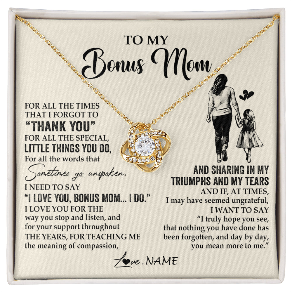 Love Knot Necklace 18K Yellow Gold Finish | 1 | Personalized To My Bonus Mom Necklace From Stepdaughter For All The Times That I Forgot To Thank You Birthday Mothers Day Customized Gift Box Message Card | siriusteestore