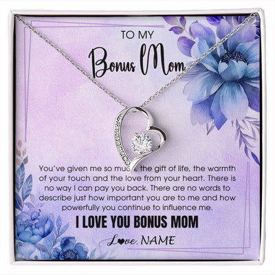Forever Love Necklace 14K White Gold Finish | 1 | Personalized To My Bonus Mom Necklace From Stepdaughter Stepson I Love You Stepmom Birthday Gifts Mothers Day Christmas Jewelry Customized Gift Box Message Card | siriusteestore